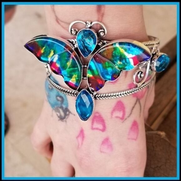 Dichroic Glass & Sky Blue Topaz Butterfly Cuff Bracelet – S925 Sterling Silver - Picture 3 of 14